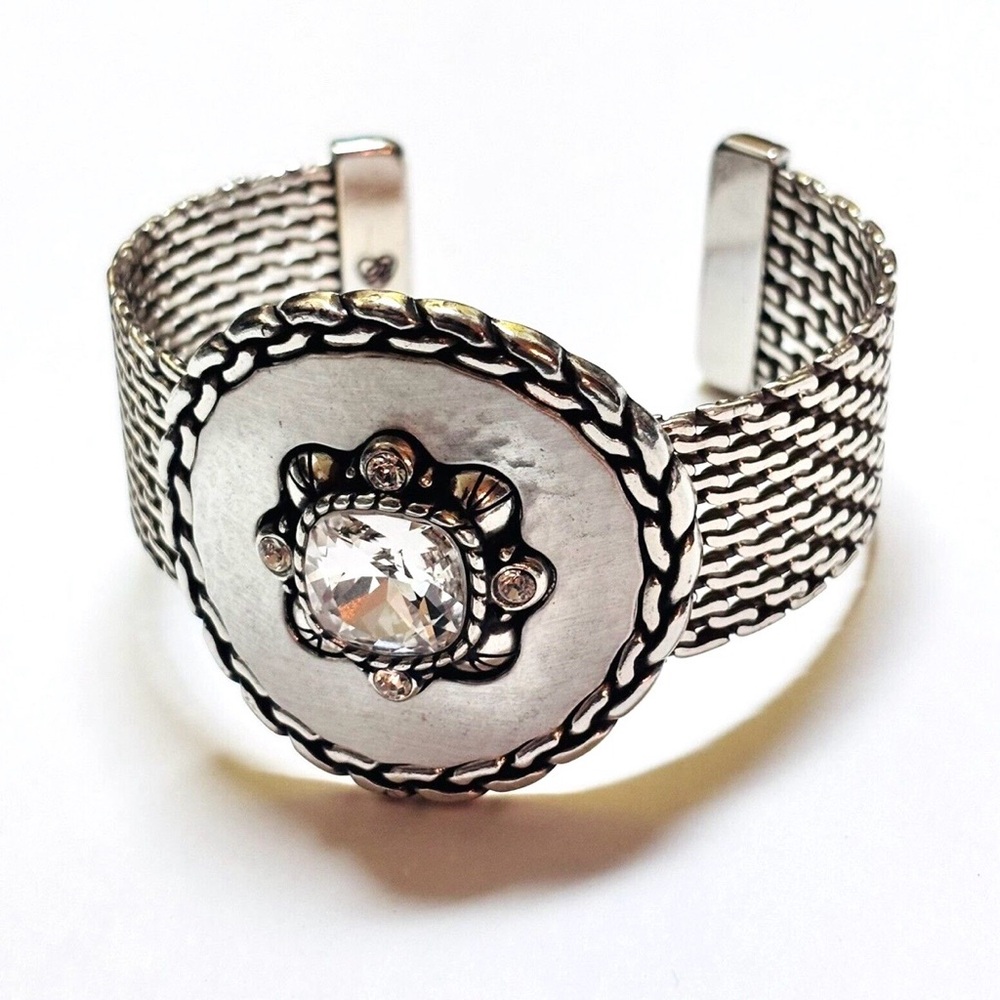 Brighton Geladriel Open Cuff Bracelet Hammered Disc Large Crystal Mesh Retired
